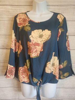 Multiples Floral Top Small Tie Front Blue Boho Romantic Blouse